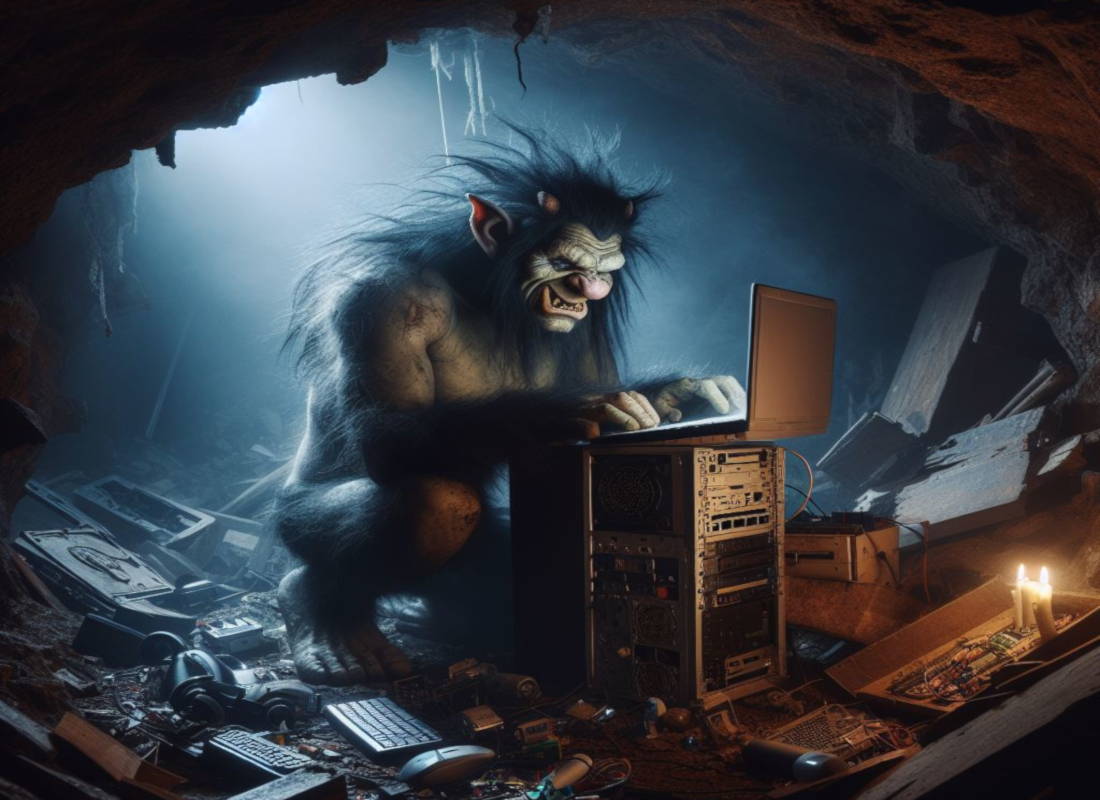 Un troll réparant des trucs dans sa caverne.
