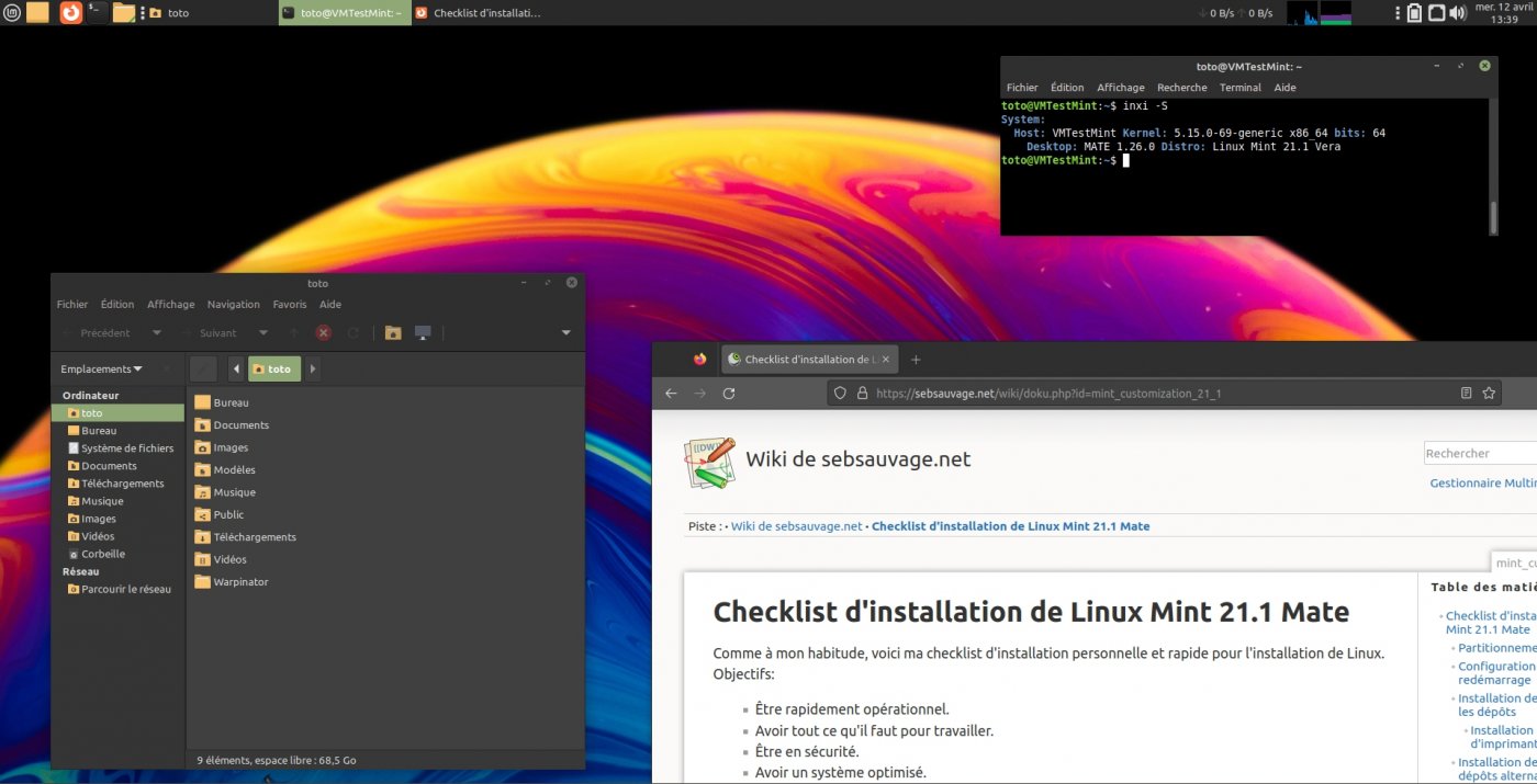 Copie d'écran d'un bureau Linux Mint Mate en thème sombre.