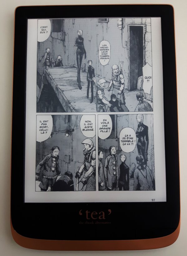 Photo de la liseuse Touch HD Plus affichange une page de manga à l'aide du logiciel PBImageViewer