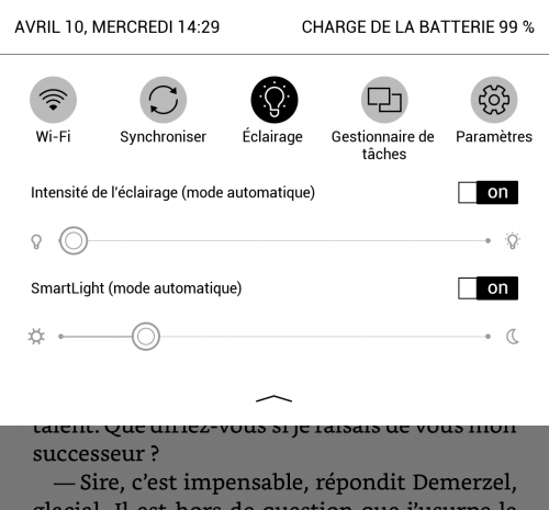 Capture d'écran du menu déroulant du haut de l'écran, montrant différents réglages (luminosité, couleur, Wifi...)