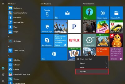 Capture d'écran du menu "Démarrer" de Windows 10 montrant diverses publicités (Candy Crush Saga, Xbox...)