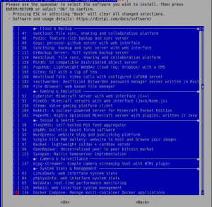 Copie d'écran du logiciel dietpi-software montrant une partie des logiciels installable en un clic : NextCloud, Gitea, phpBB, Wordpress, FreshRSS, Syncthing, serveurs Minecraft, Docker Compose...