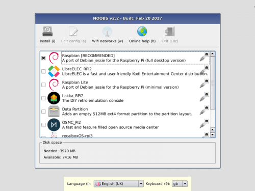 Capture d'écran de la fenêtre d'installer de NOOBS présentant différents systèmes d'exploitation.