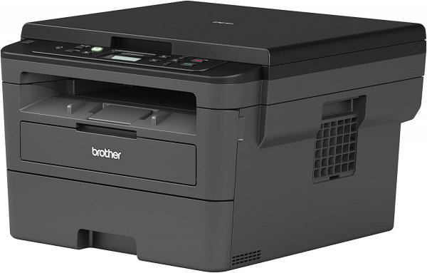 Imprimante Brother laser noir & blanc avec scanner, mais sans chargeur de feuilles sur le dessus.